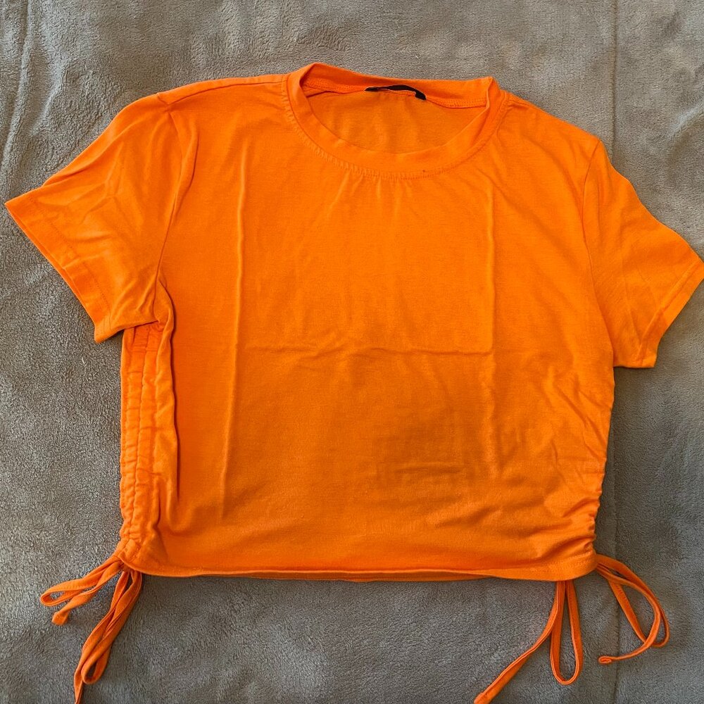 Orange Tie Side Ruched Crop T-Shirt